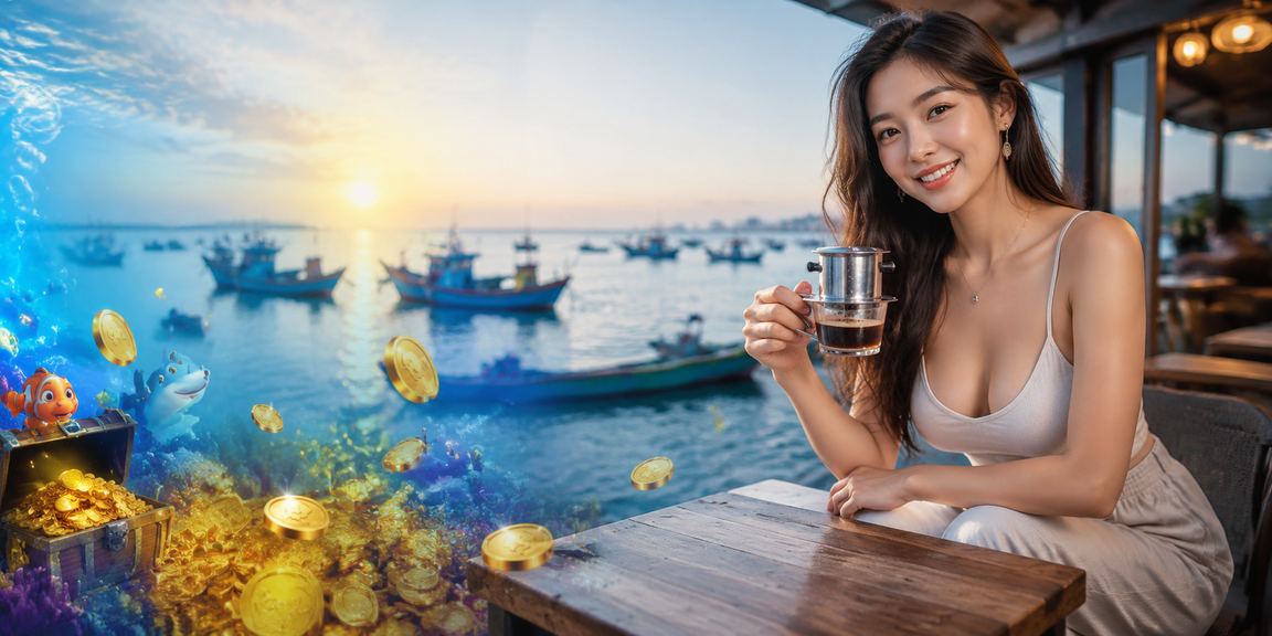 Người dùng Mũi Né thư giãn với cà phê trong lúc kiểm tra giao dịch thanh toán trên điện thoại